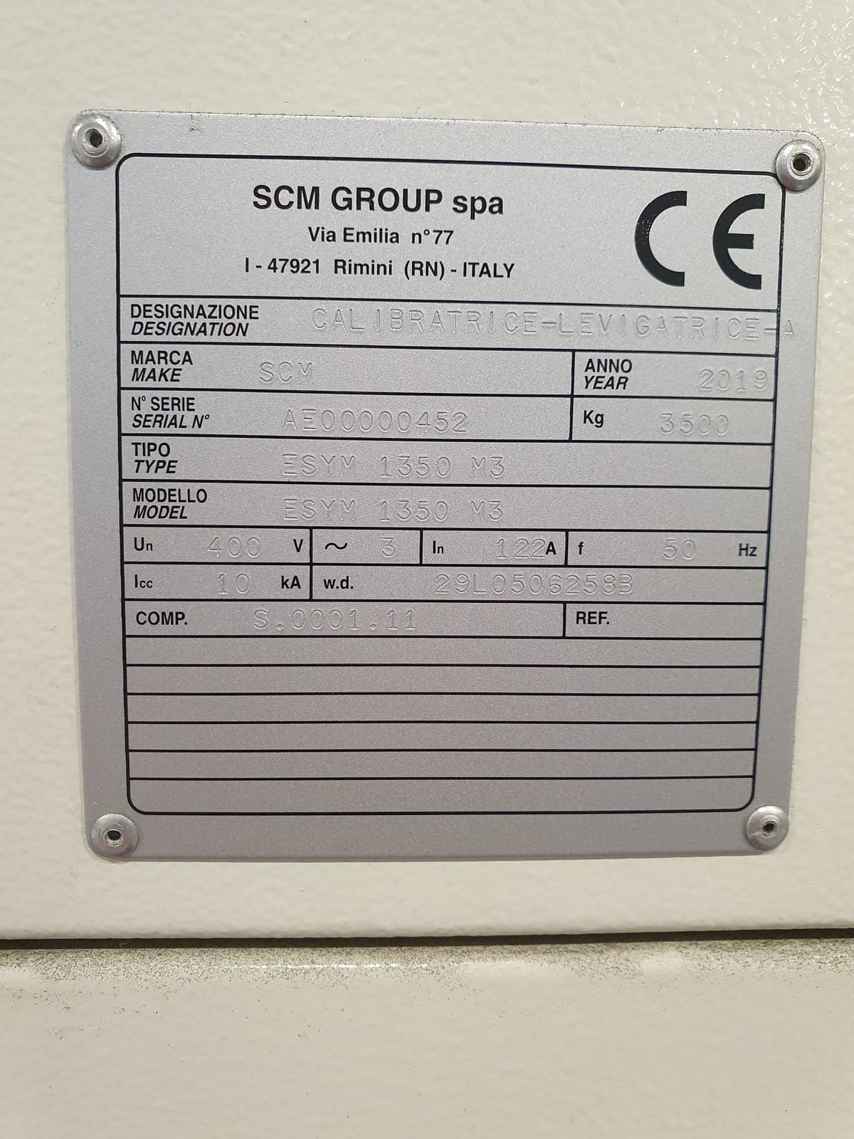 Nameplate: SCM Group, ESYM 1350 M3, 2019, 3500 kg, 400 V