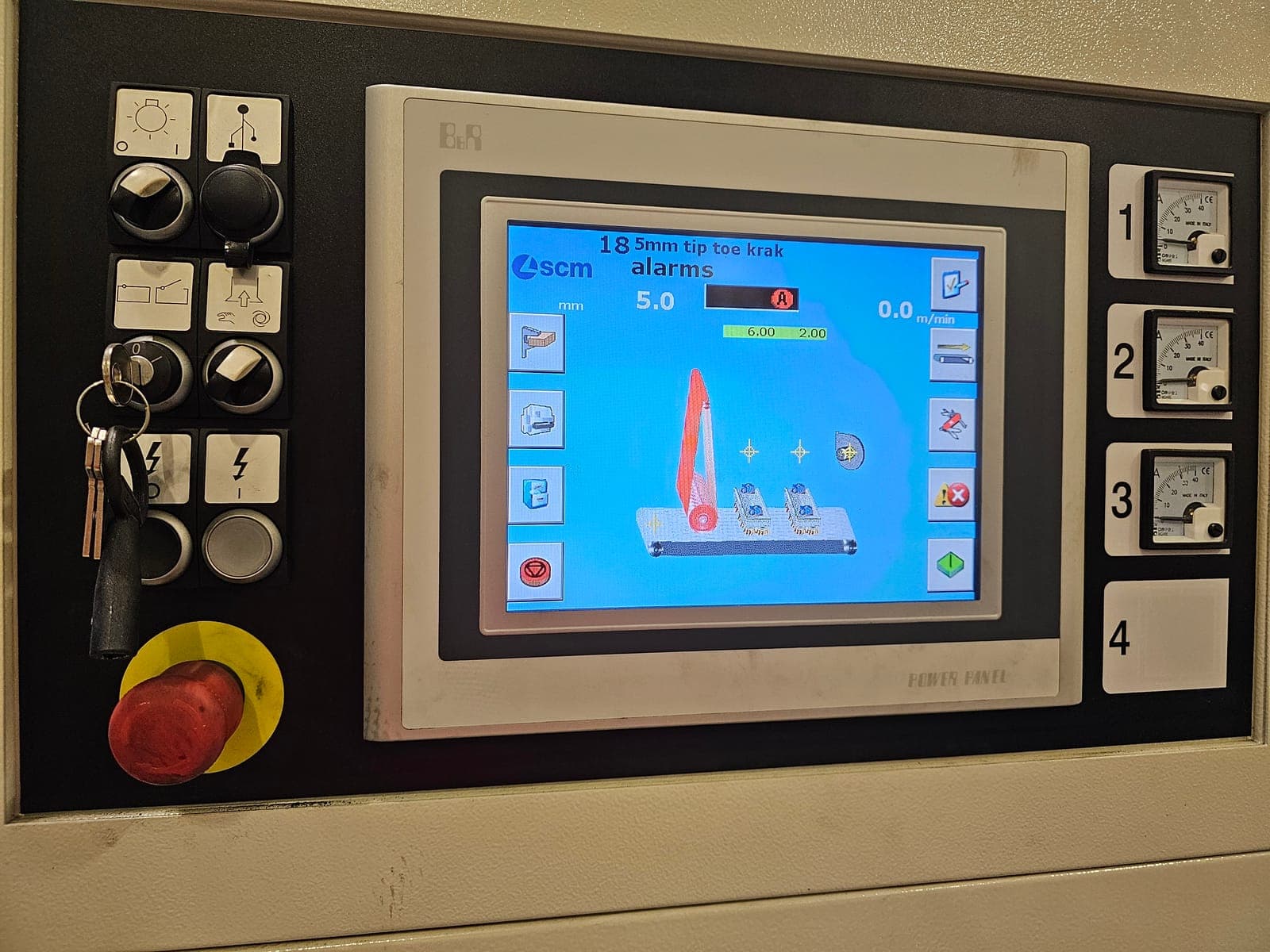 Control panel: B&R touchscreen with an ammeter for each station