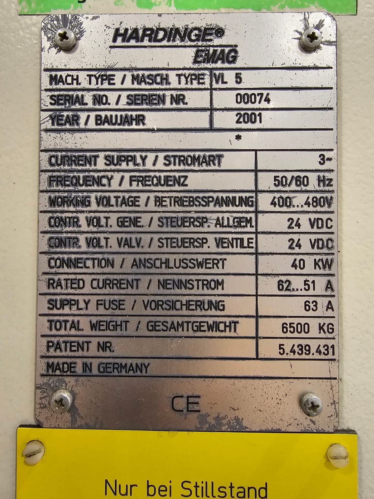 Табела: Hardinge EMAG, тип VL 5, 2001 г., 400–480 В, 40 кВт, 6500 кг, произведена в Германия